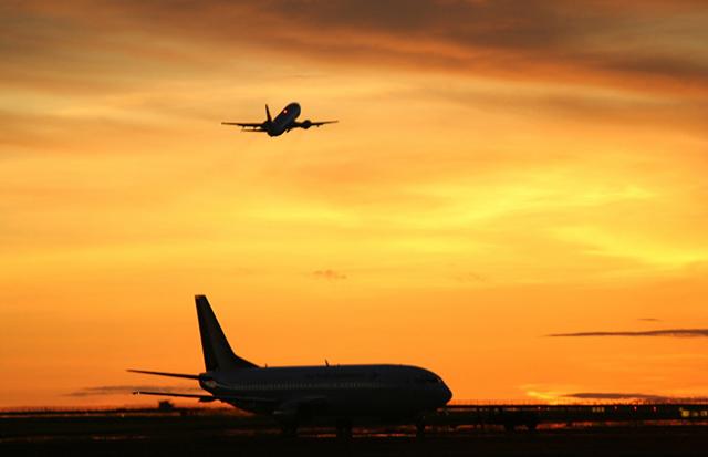 空港に停止している飛行機を見る